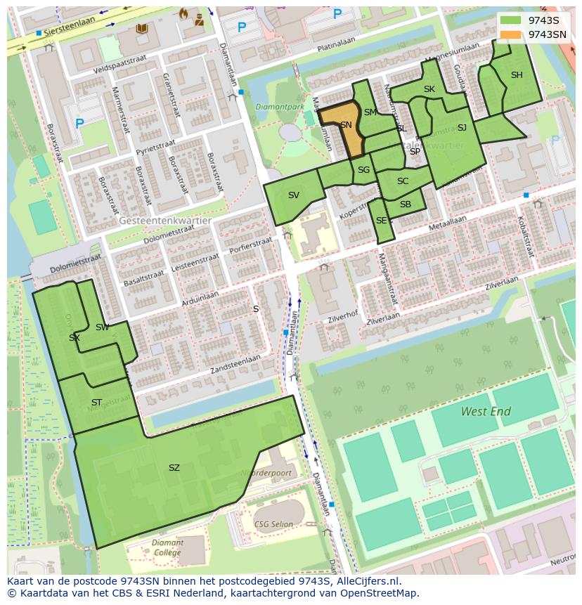 Afbeelding van het postcodegebied 9743 SN op de kaart.
