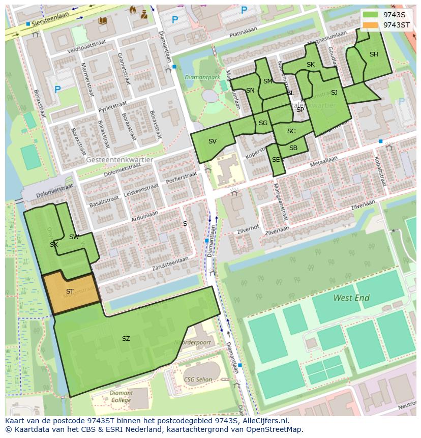 Afbeelding van het postcodegebied 9743 ST op de kaart.
