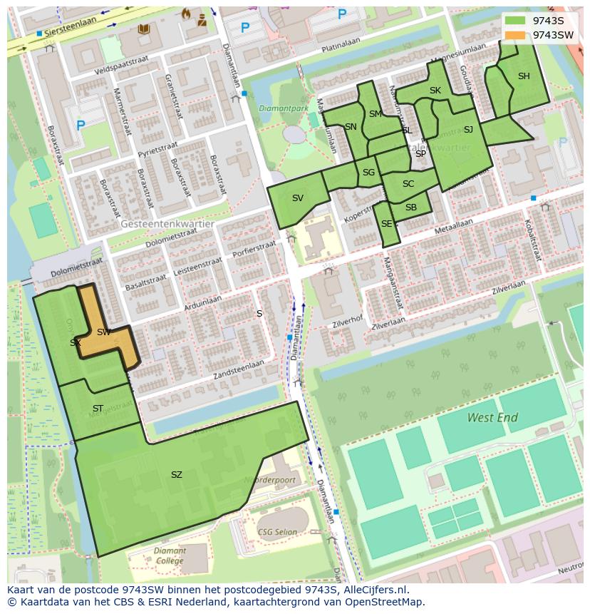Afbeelding van het postcodegebied 9743 SW op de kaart.
