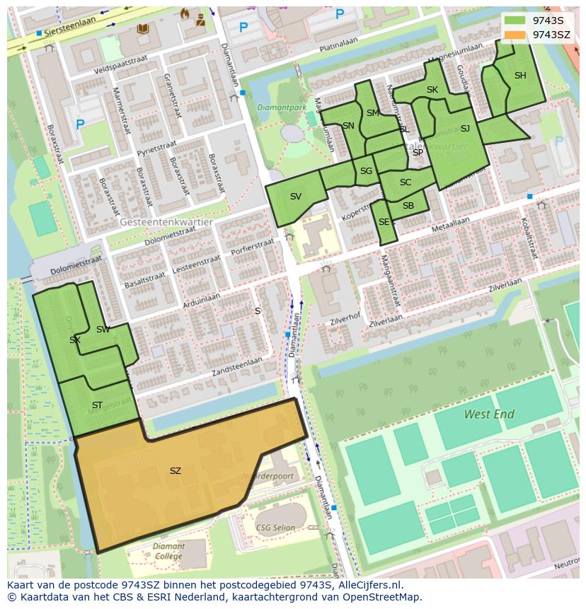 Afbeelding van het postcodegebied 9743 SZ op de kaart.