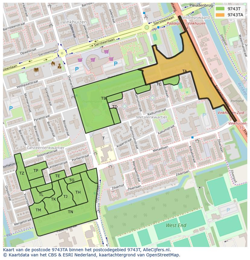 Afbeelding van het postcodegebied 9743 TA op de kaart.