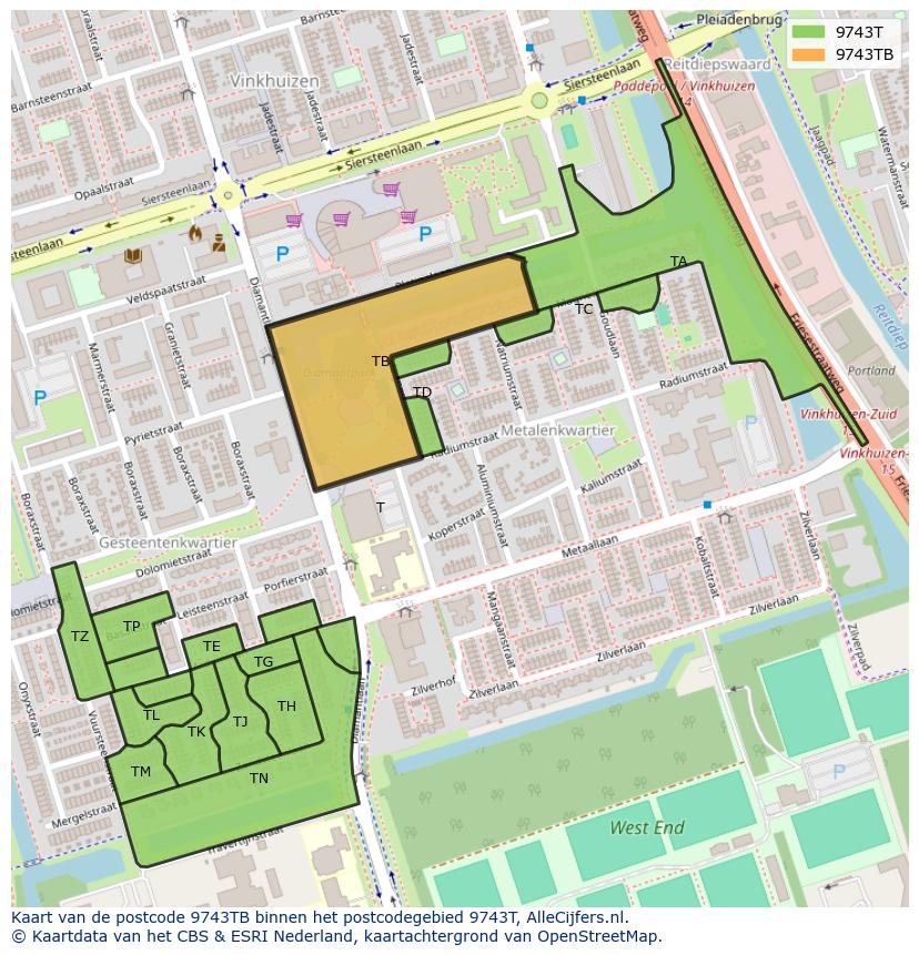 Afbeelding van het postcodegebied 9743 TB op de kaart.