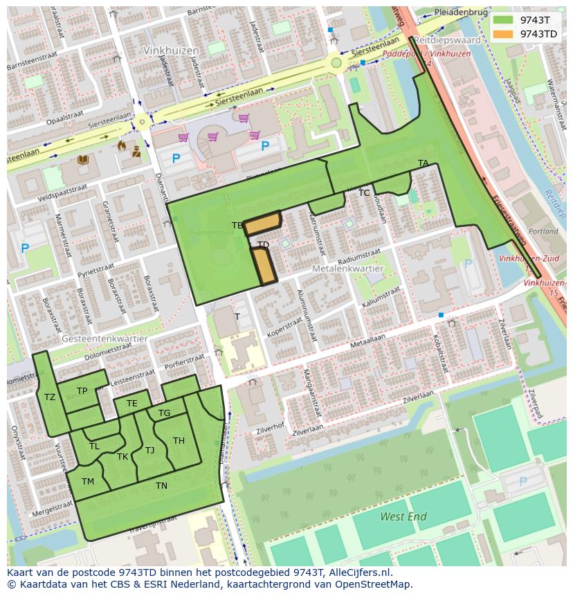Afbeelding van het postcodegebied 9743 TD op de kaart.