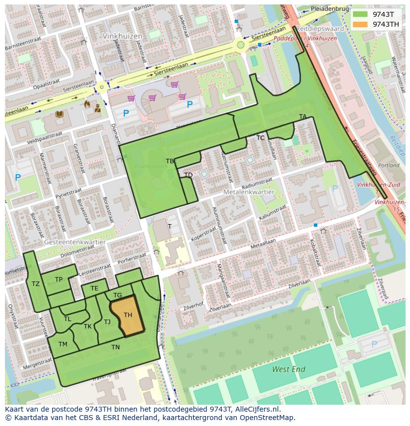 Afbeelding van het postcodegebied 9743 TH op de kaart.