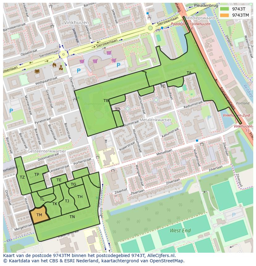 Afbeelding van het postcodegebied 9743 TM op de kaart.