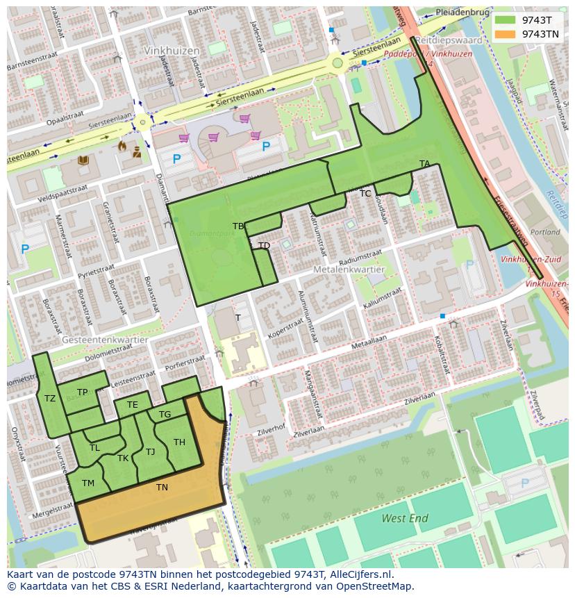 Afbeelding van het postcodegebied 9743 TN op de kaart.
