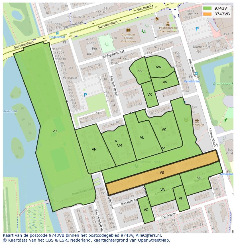 Afbeelding van het postcodegebied 9743 VB op de kaart.