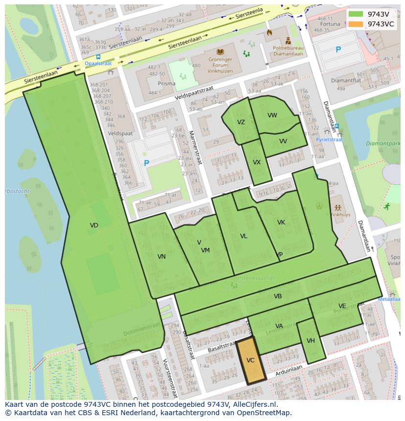 Afbeelding van het postcodegebied 9743 VC op de kaart.