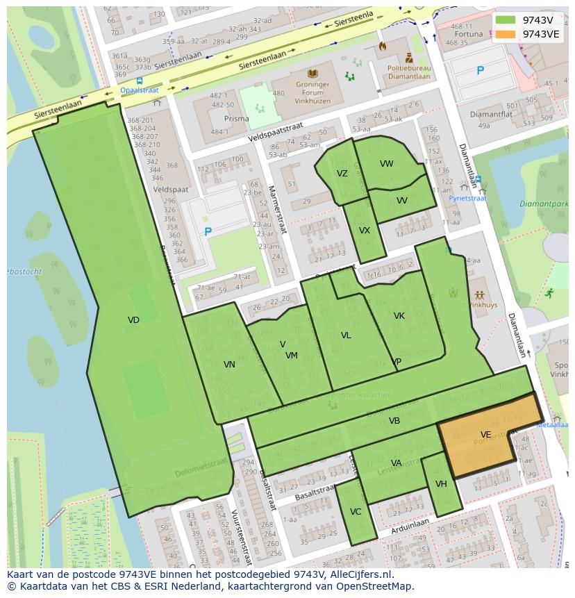 Afbeelding van het postcodegebied 9743 VE op de kaart.