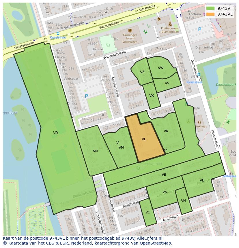 Afbeelding van het postcodegebied 9743 VL op de kaart.