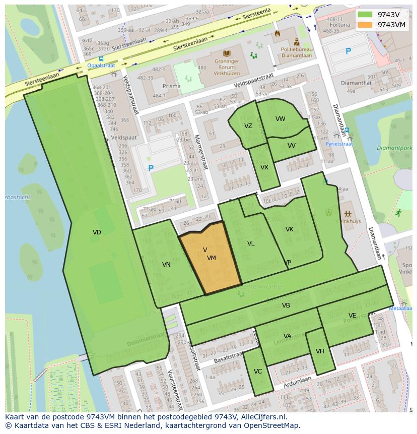 Afbeelding van het postcodegebied 9743 VM op de kaart.