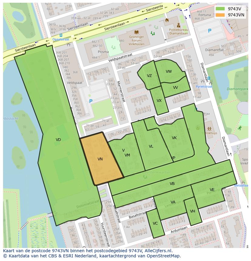 Afbeelding van het postcodegebied 9743 VN op de kaart.