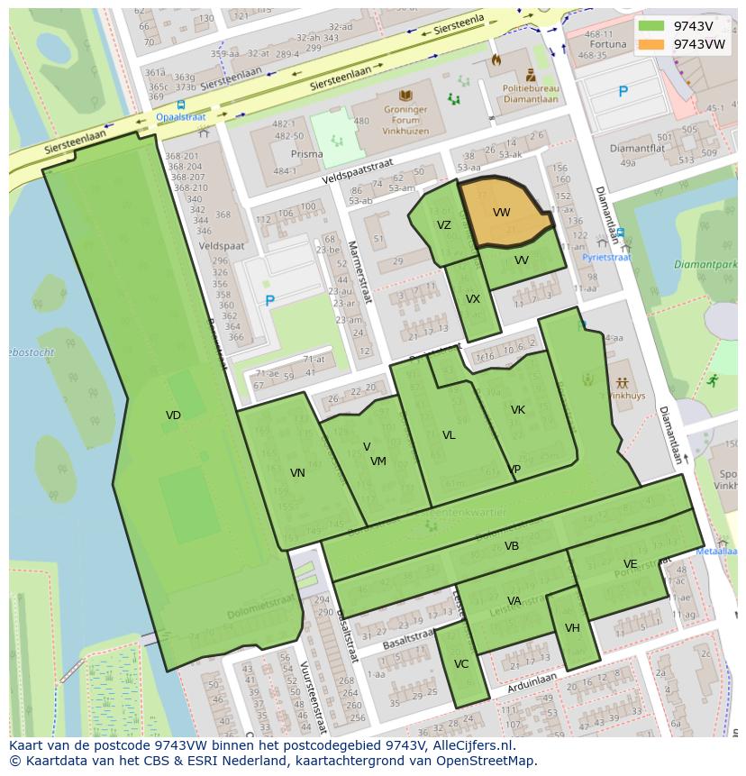 Afbeelding van het postcodegebied 9743 VW op de kaart.
