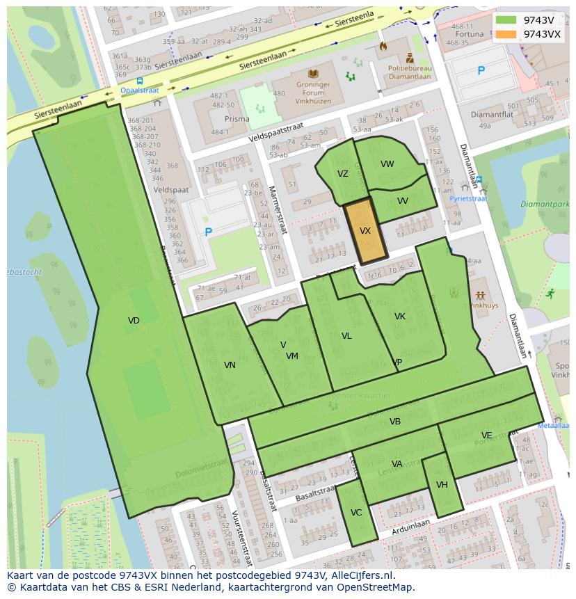 Afbeelding van het postcodegebied 9743 VX op de kaart.