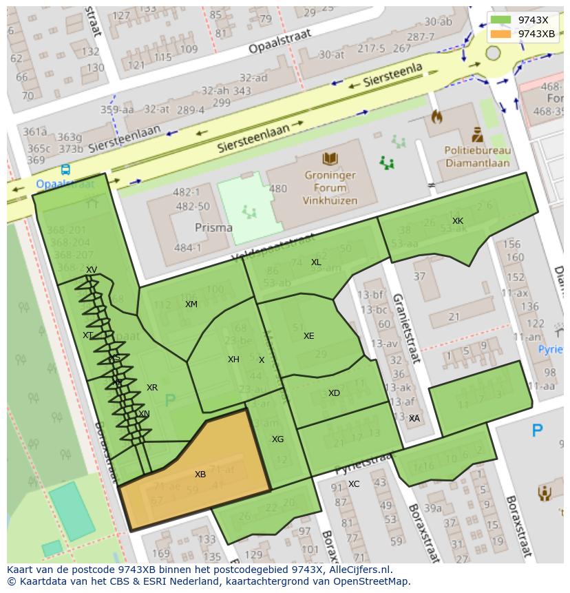 Afbeelding van het postcodegebied 9743 XB op de kaart.