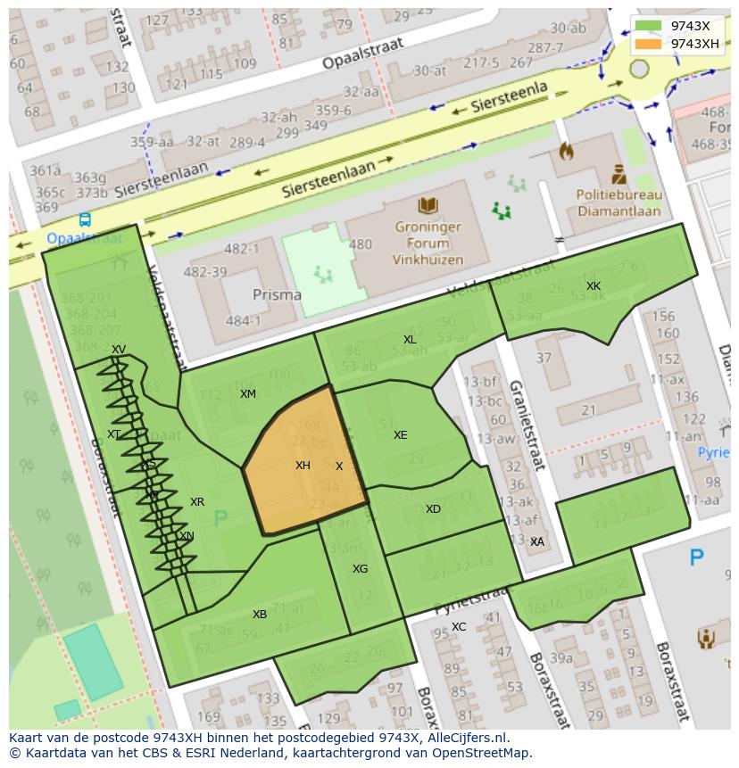 Afbeelding van het postcodegebied 9743 XH op de kaart.