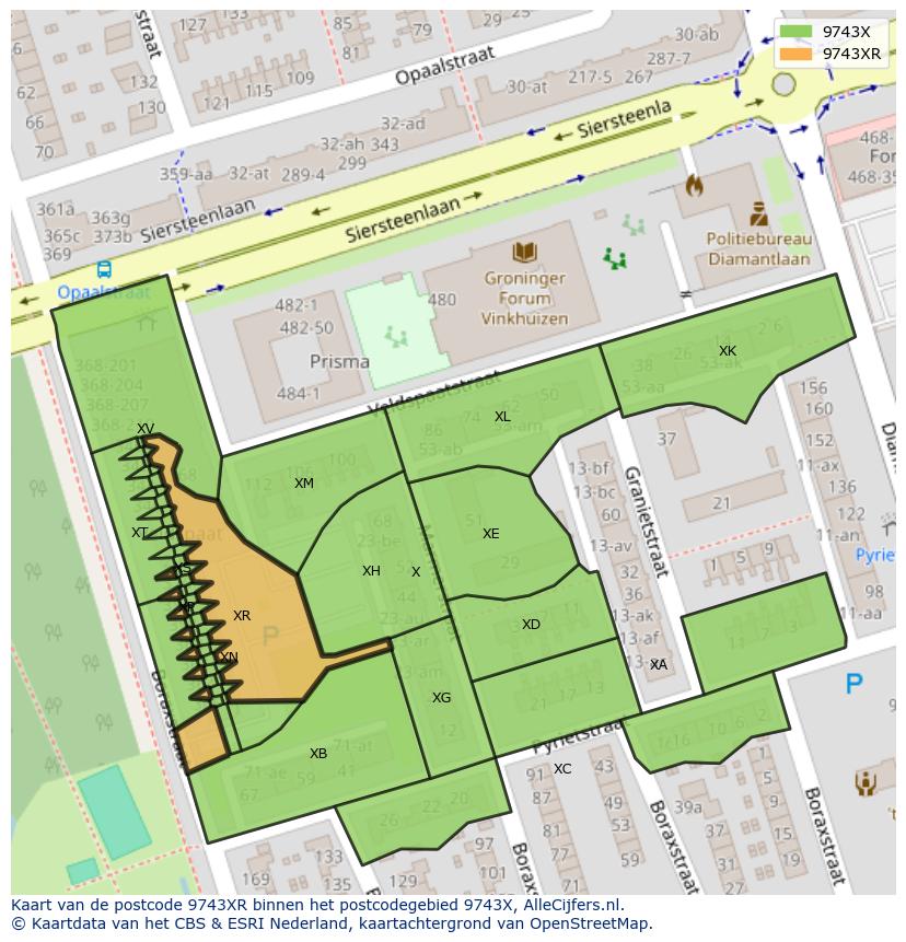 Afbeelding van het postcodegebied 9743 XR op de kaart.