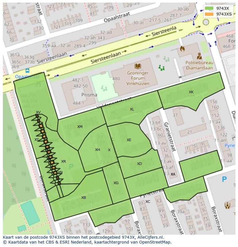 Afbeelding van het postcodegebied 9743 XS op de kaart.