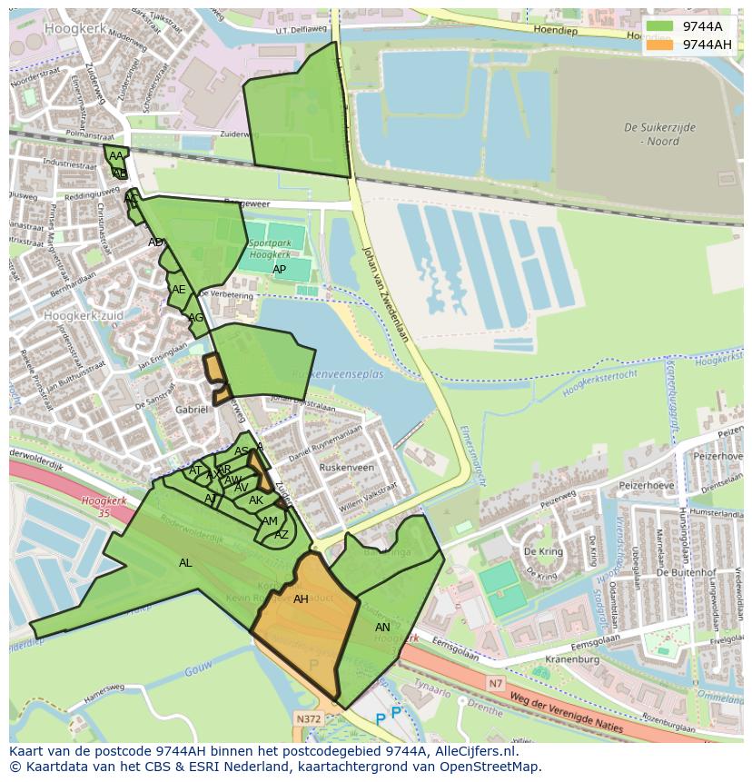 Afbeelding van het postcodegebied 9744 AH op de kaart.