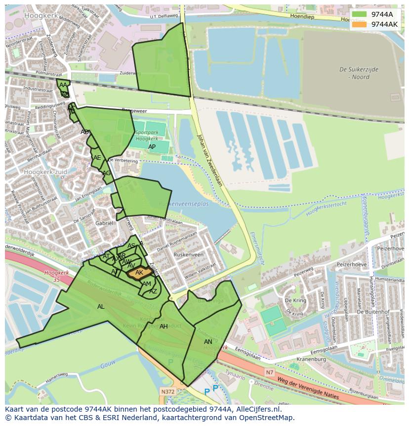 Afbeelding van het postcodegebied 9744 AK op de kaart.