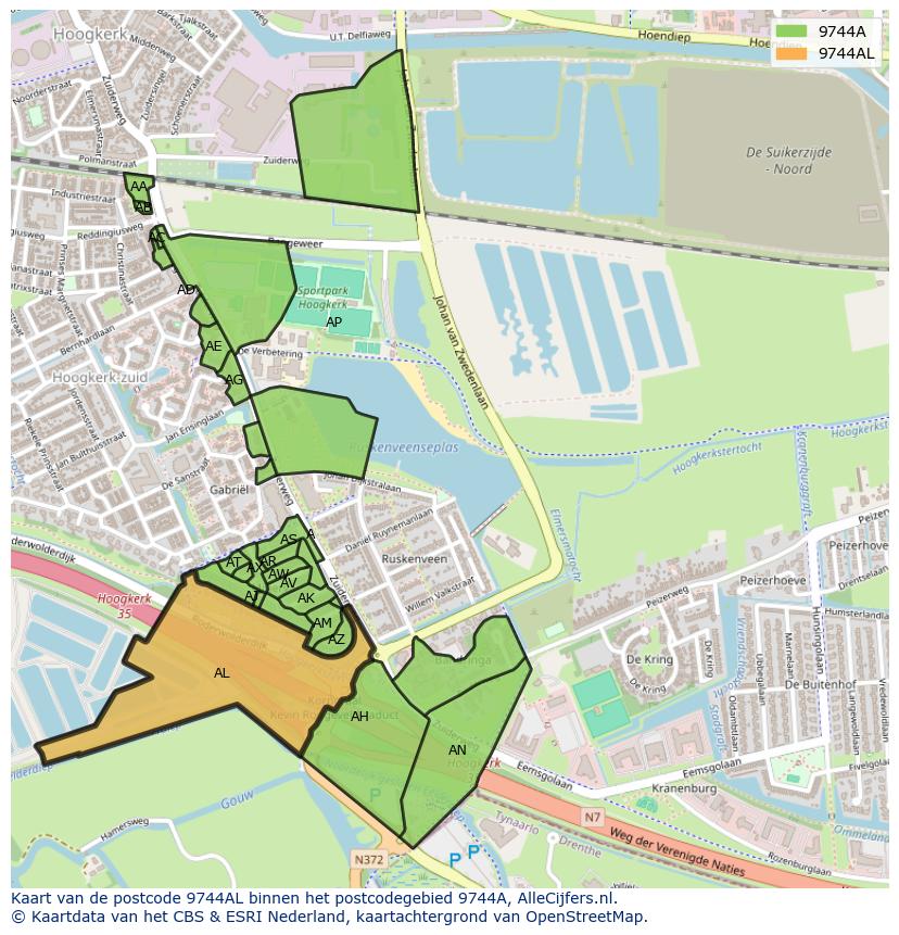Afbeelding van het postcodegebied 9744 AL op de kaart.