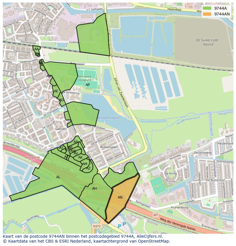 Afbeelding van het postcodegebied 9744 AN op de kaart.