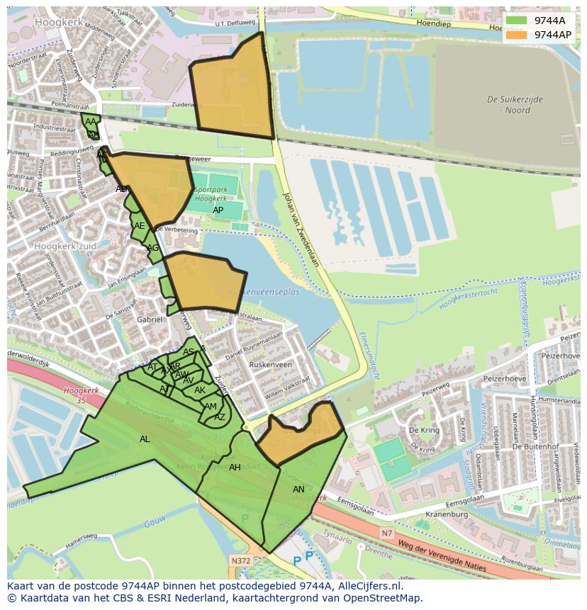 Afbeelding van het postcodegebied 9744 AP op de kaart.