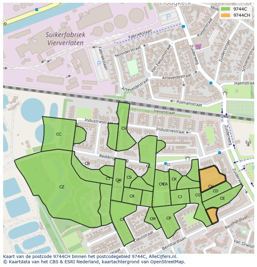 Afbeelding van het postcodegebied 9744 CH op de kaart.