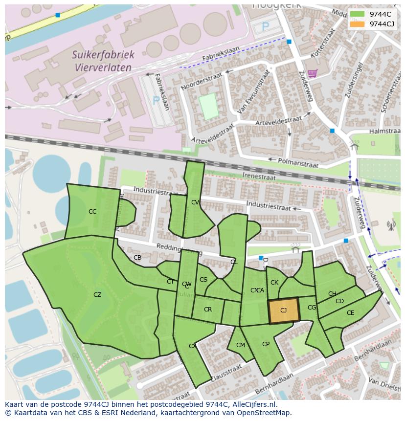 Afbeelding van het postcodegebied 9744 CJ op de kaart.