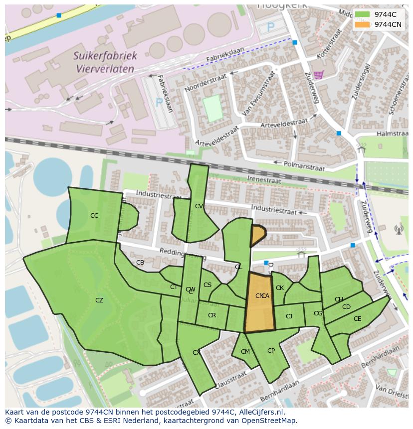 Afbeelding van het postcodegebied 9744 CN op de kaart.