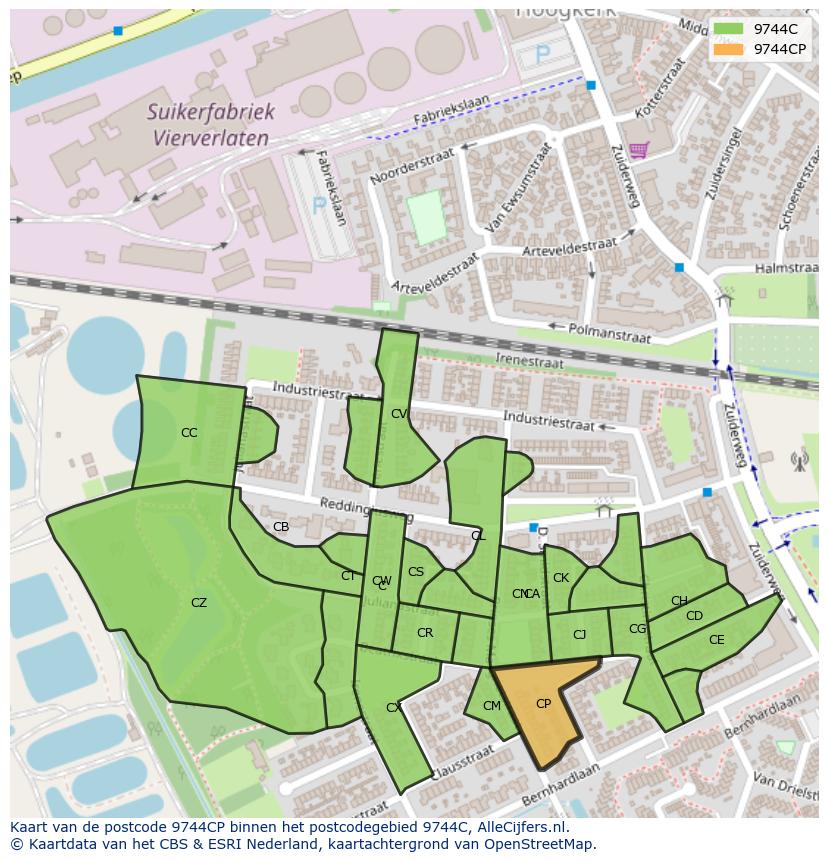 Afbeelding van het postcodegebied 9744 CP op de kaart.