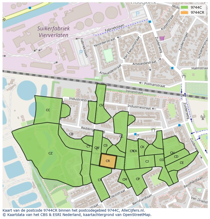 Afbeelding van het postcodegebied 9744 CR op de kaart.