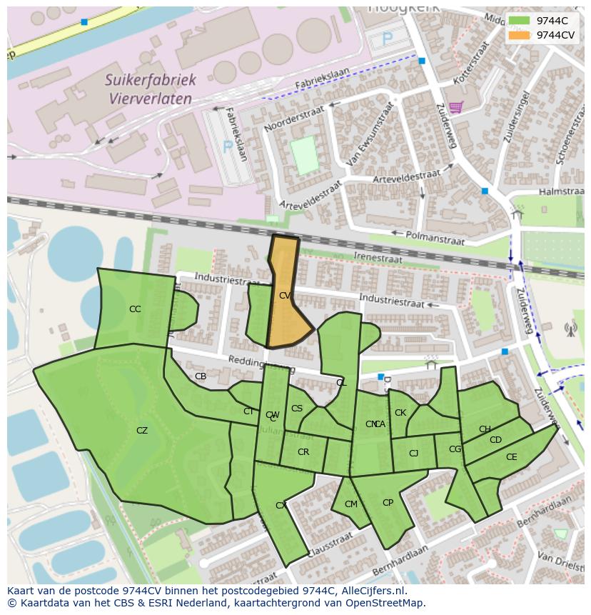 Afbeelding van het postcodegebied 9744 CV op de kaart.
