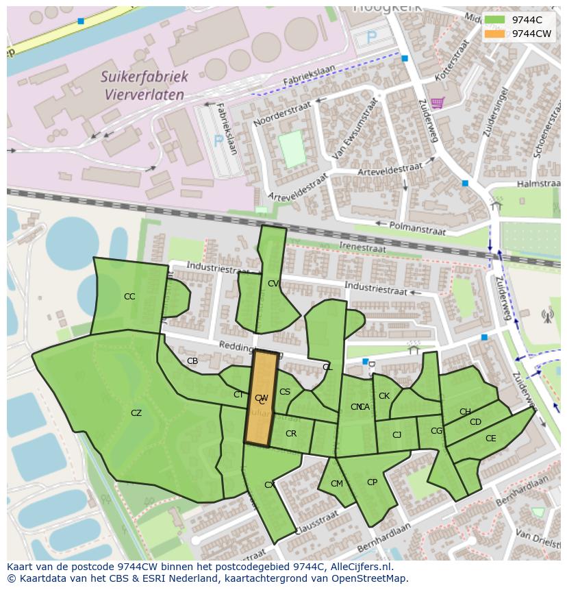 Afbeelding van het postcodegebied 9744 CW op de kaart.