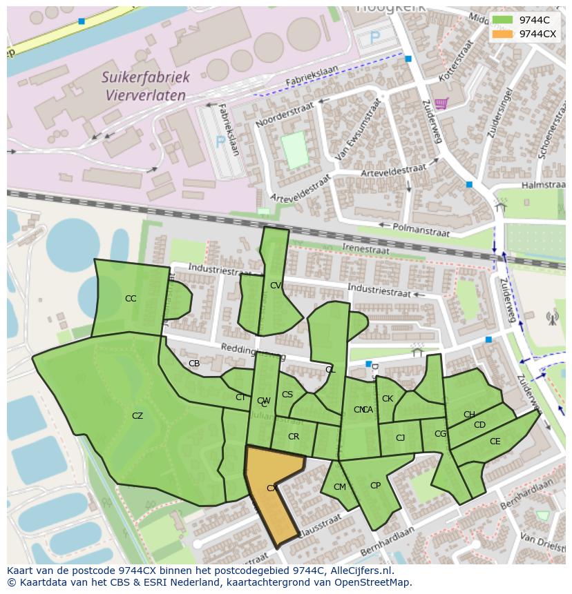 Afbeelding van het postcodegebied 9744 CX op de kaart.