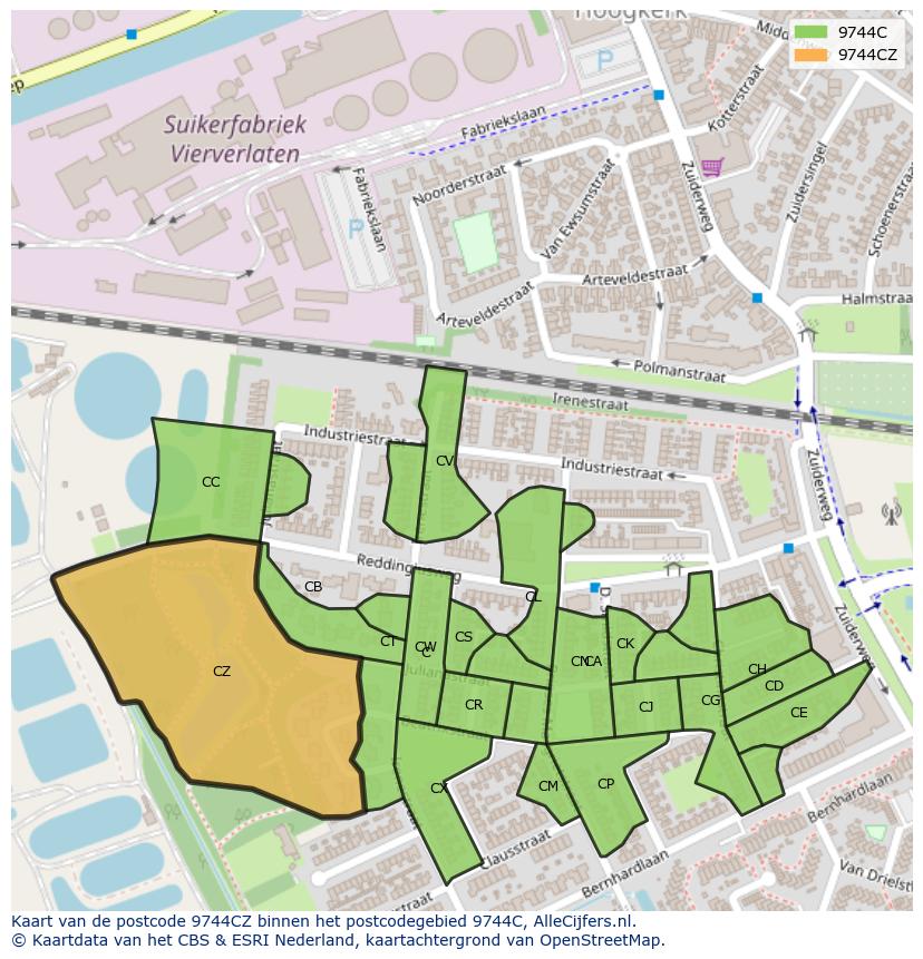 Afbeelding van het postcodegebied 9744 CZ op de kaart.