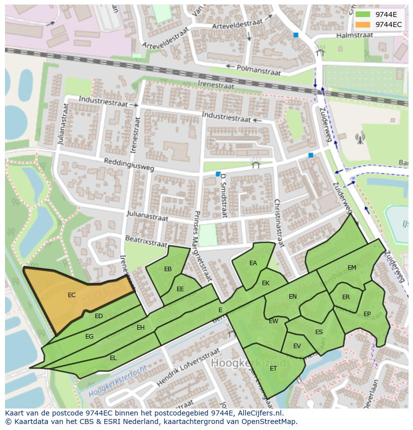 Afbeelding van het postcodegebied 9744 EC op de kaart.