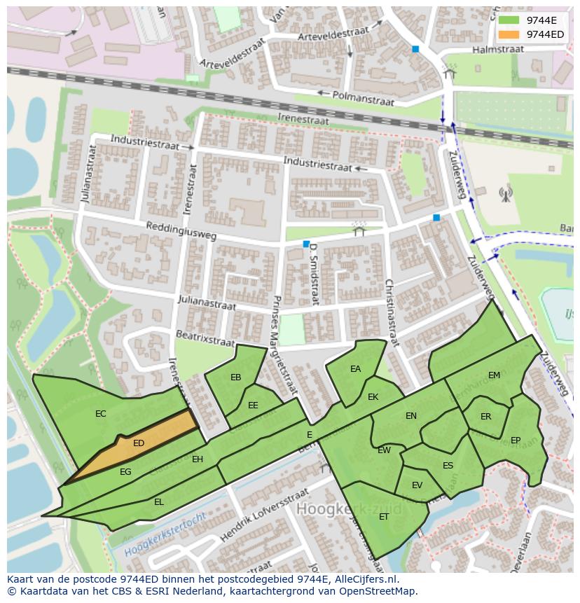 Afbeelding van het postcodegebied 9744 ED op de kaart.
