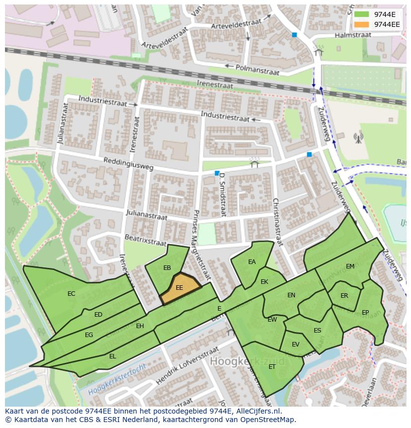 Afbeelding van het postcodegebied 9744 EE op de kaart.