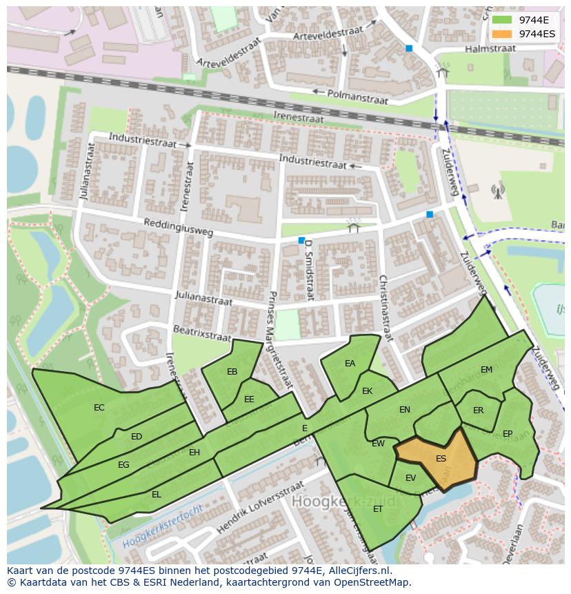 Afbeelding van het postcodegebied 9744 ES op de kaart.