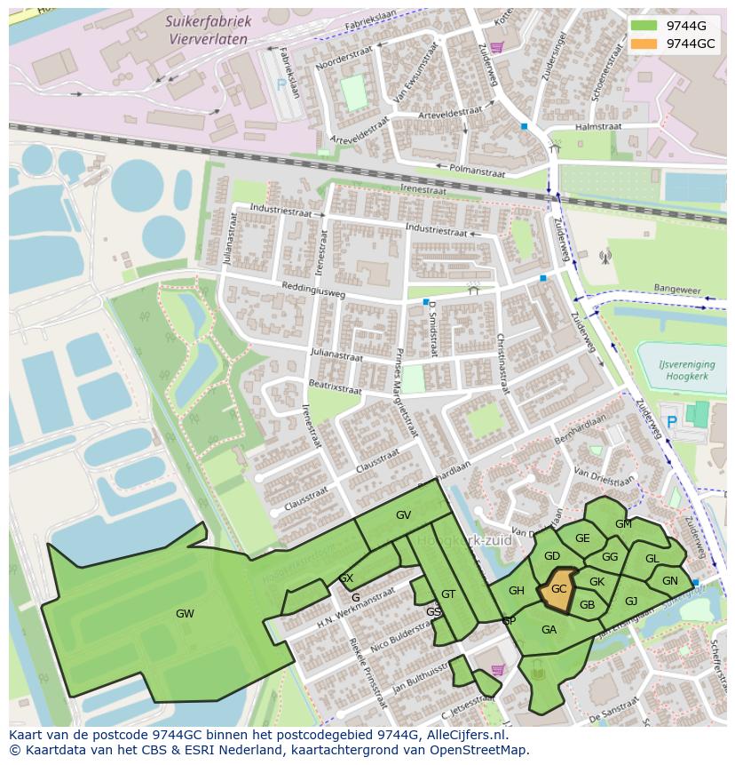 Afbeelding van het postcodegebied 9744 GC op de kaart.