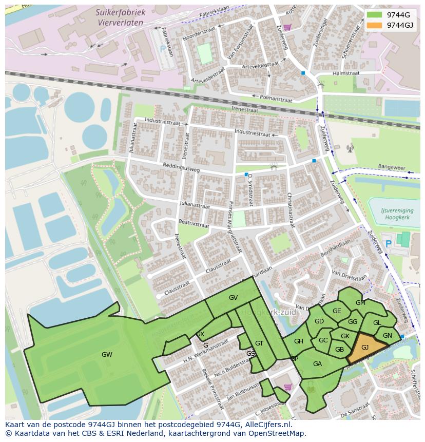 Afbeelding van het postcodegebied 9744 GJ op de kaart.