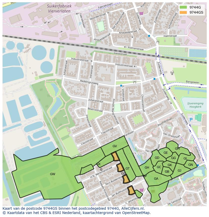 Afbeelding van het postcodegebied 9744 GS op de kaart.