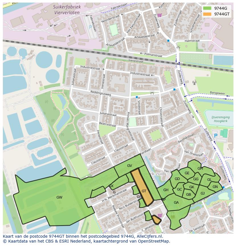 Afbeelding van het postcodegebied 9744 GT op de kaart.