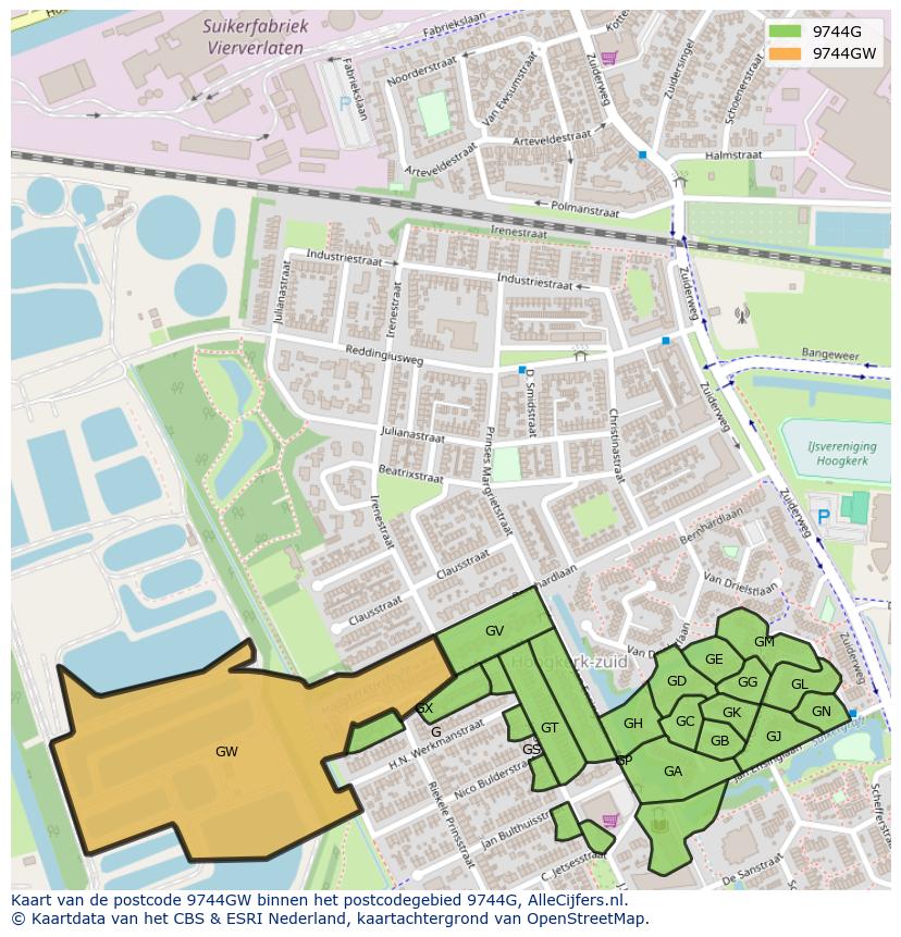 Afbeelding van het postcodegebied 9744 GW op de kaart.