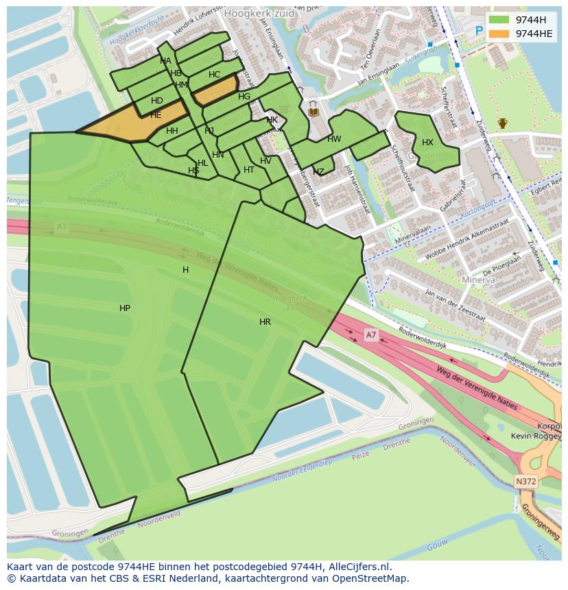 Afbeelding van het postcodegebied 9744 HE op de kaart.