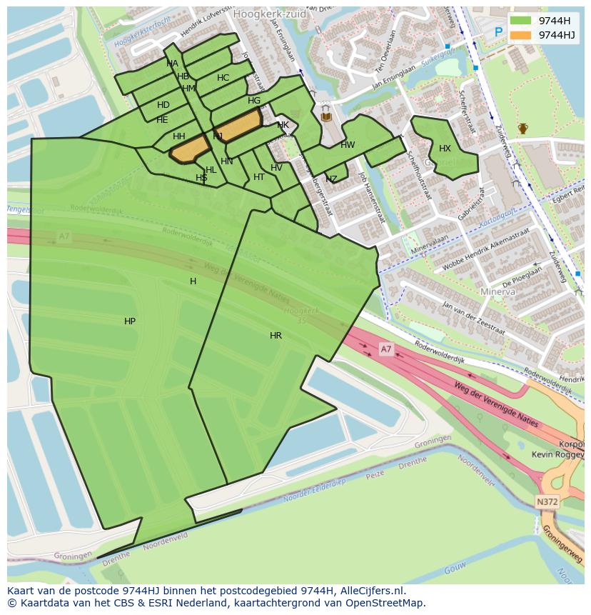 Afbeelding van het postcodegebied 9744 HJ op de kaart.