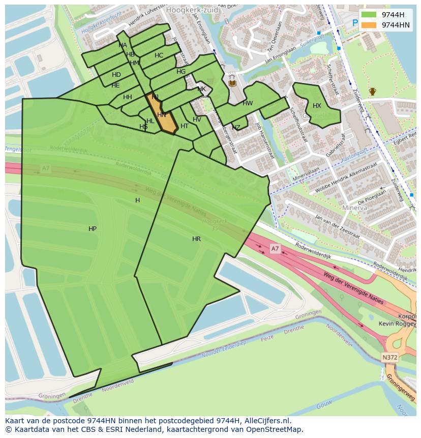 Afbeelding van het postcodegebied 9744 HN op de kaart.