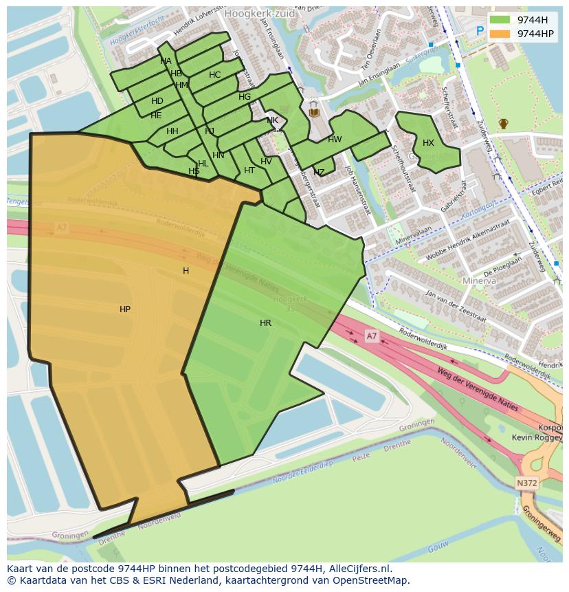 Afbeelding van het postcodegebied 9744 HP op de kaart.