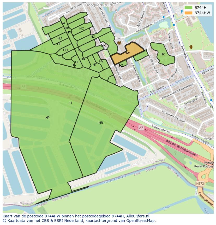 Afbeelding van het postcodegebied 9744 HW op de kaart.